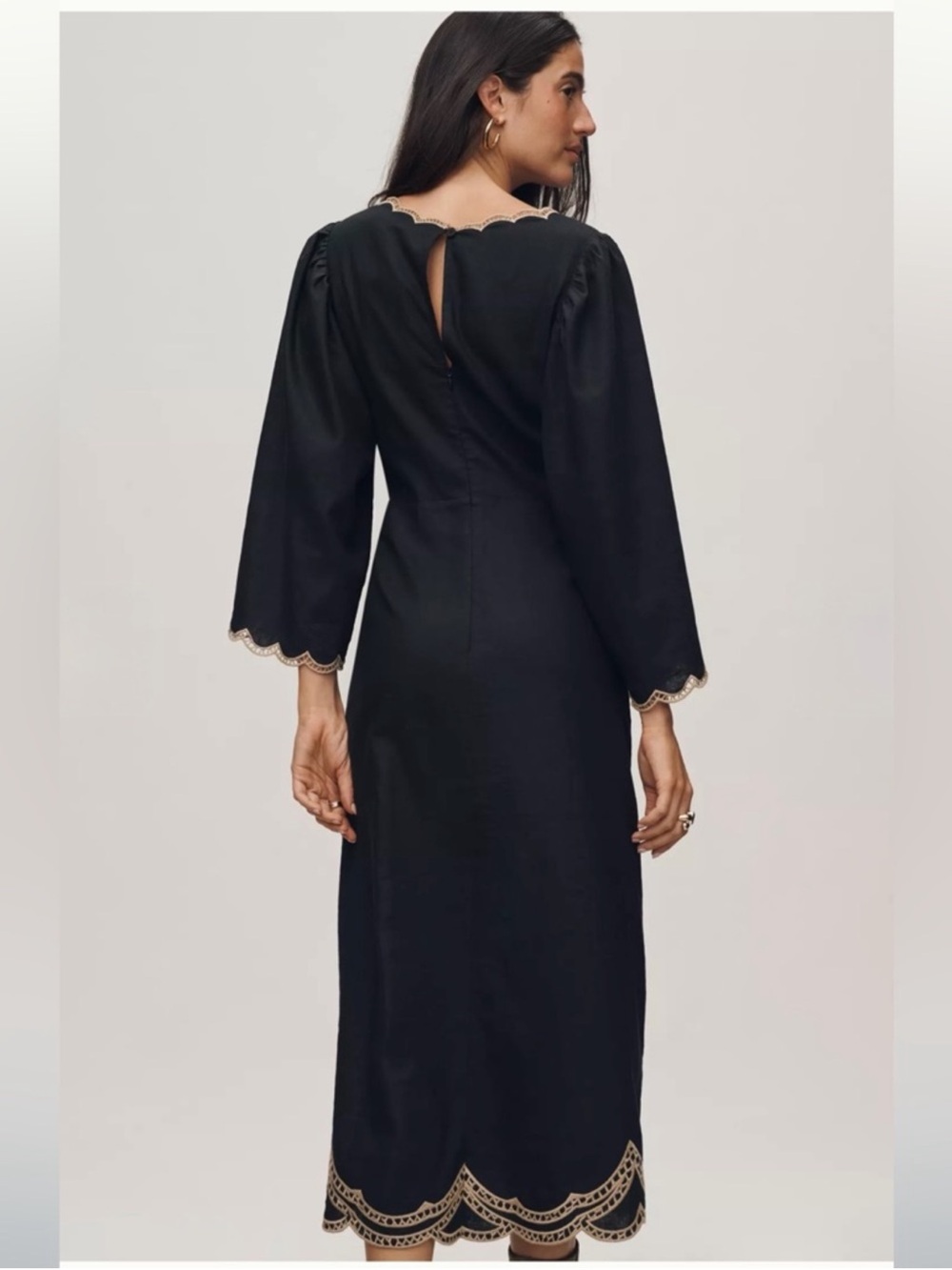 NWT FARM Rio x Anthropologie Black Midi Dress with Cream Embroidery and Cutouts - Picture 3 of 8